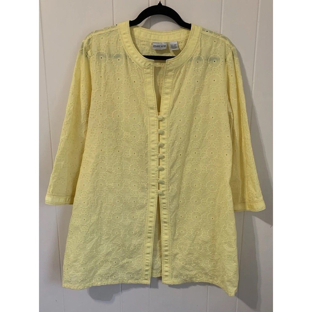 Chicos Size 2 Womens Large Eyelet Embroidered Tunic Top Yellow Cottage Feminine